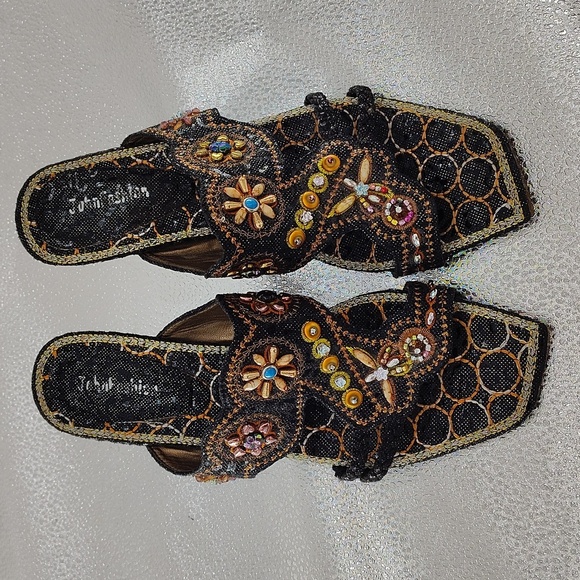 John Fashion Embroidered & Beaded Unique Slides Wedge Heal Size 9 - Picture 3 of 16